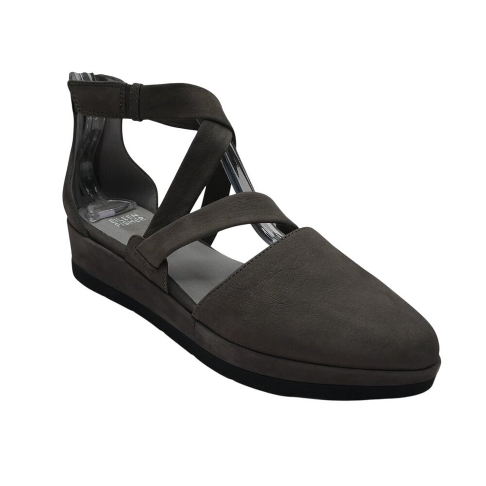 Eileen Fisher Gray Nubuck Leather Strappy X-Band Wedge Sandals Womens 8